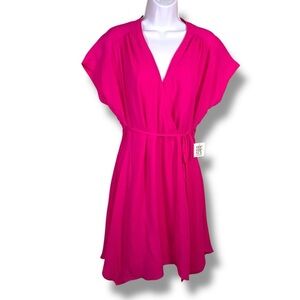 NEW One One Six Neon Fuchsia Pink Wrap Dress Barbiecore Short Sleeve Vibrant